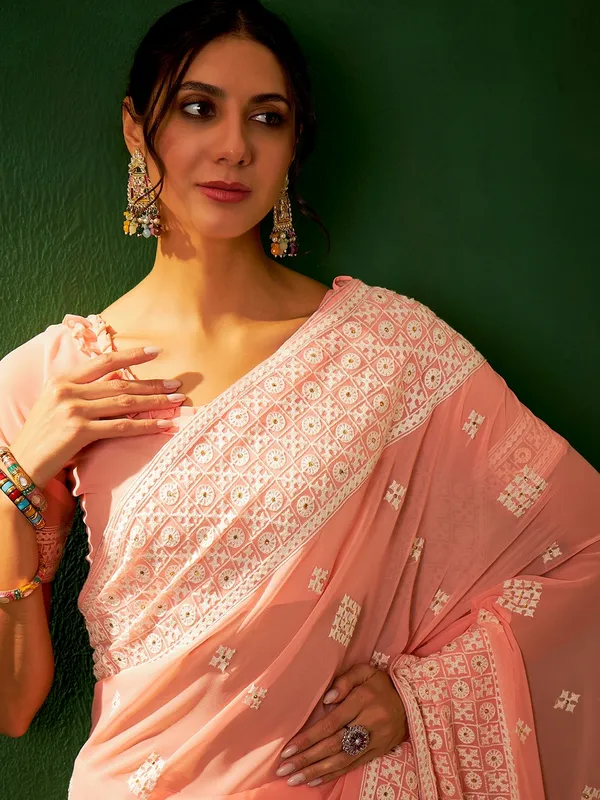 Brown_Cotton_Blend_Embroidered_Banarasi_Saree_With_Unstitched_Blouse_For_Women