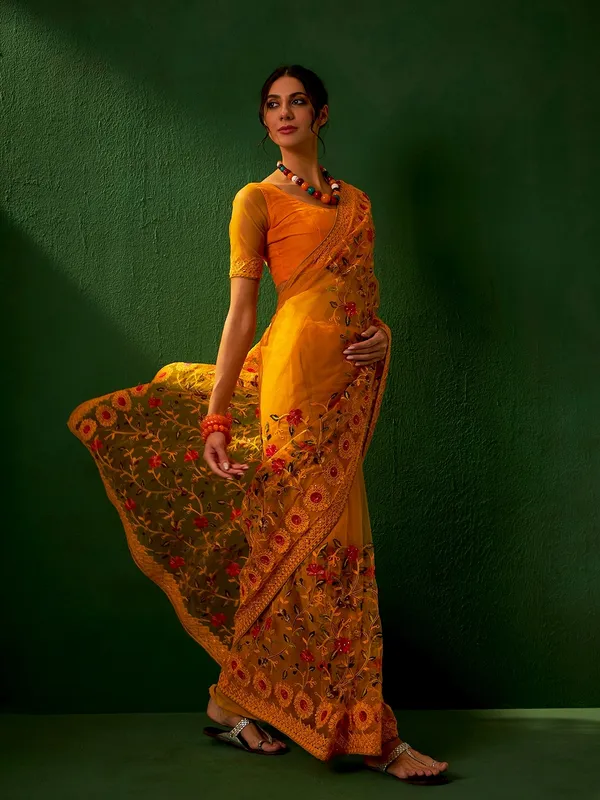 Mustard_Supernet_Embroidered_Banarasi_Saree_With_Unstitched_Blouse_For_Women