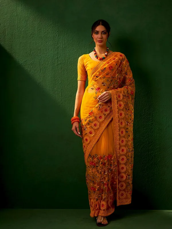 Mustard_Supernet_Embroidered_Banarasi_Saree_With_Unstitched_Blouse_For_Women