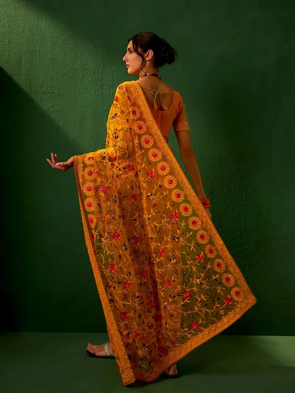 Mustard_Supernet_Embroidered_Banarasi_Saree_With_Unstitched_Blouse_For_Women