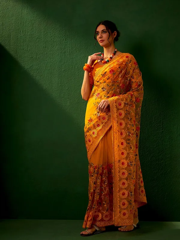 Mustard_Supernet_Embroidered_Banarasi_Saree_With_Unstitched_Blouse_For_Women