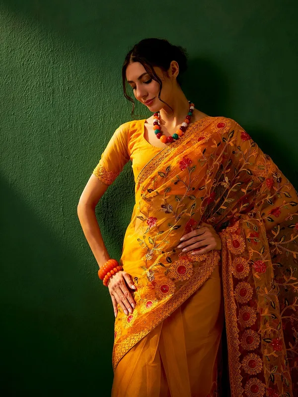 Mustard_Supernet_Embroidered_Banarasi_Saree_With_Unstitched_Blouse_For_Women