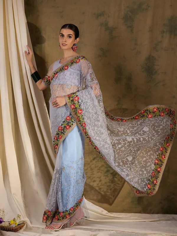 Grey_Supernet_Embroidered_Banarasi_Saree_With_Unstitched_Blouse_For_Women