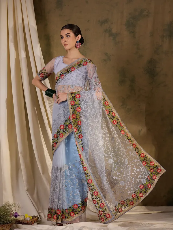 Grey_Supernet_Embroidered_Banarasi_Saree_With_Unstitched_Blouse_For_Women