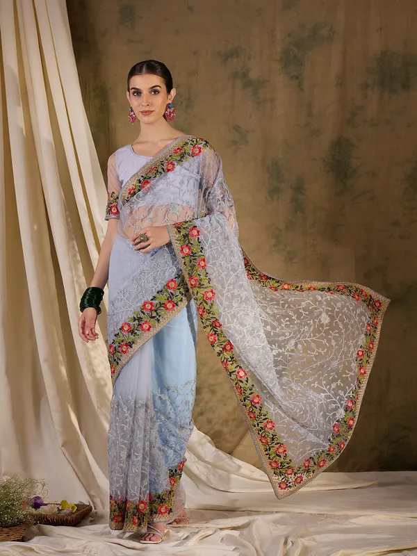 Grey_Supernet_Embroidered_Banarasi_Saree_With_Unstitched_Blouse_For_Women