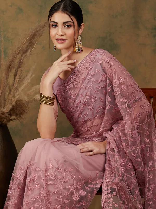 Pink_Supernet_Embroidered_Banarasi_Saree_With_Unstitched_Blouse_For_Women