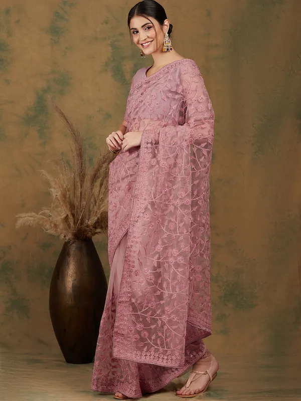 Pink_Supernet_Embroidered_Banarasi_Saree_With_Unstitched_Blouse_For_Women
