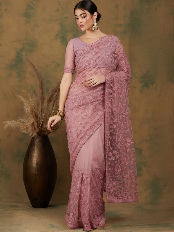 Pink_Supernet_Embroidered_Banarasi_Saree_With_Unstitched_Blouse_For_Women