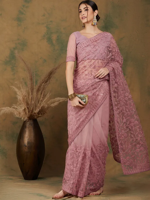Pink_Supernet_Embroidered_Banarasi_Saree_With_Unstitched_Blouse_For_Women