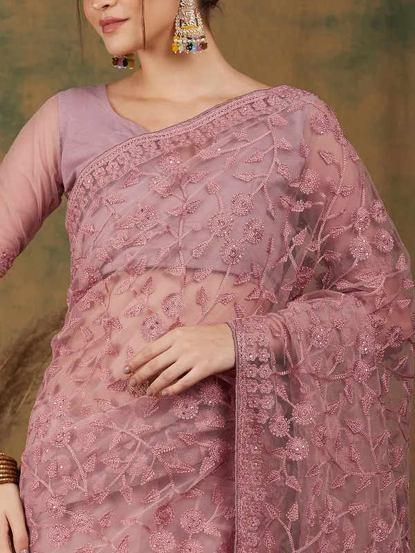 Pink_Supernet_Embroidered_Banarasi_Saree_With_Unstitched_Blouse_For_Women