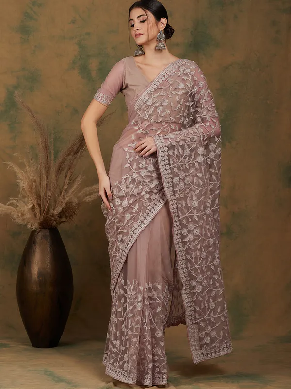 Beige_Supernet_Embroidered_Banarasi_Saree_With_Unstitched_Blouse_For_Women
