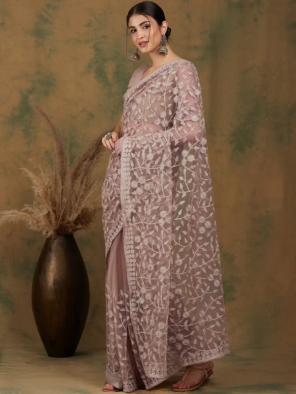 Beige_Supernet_Embroidered_Banarasi_Saree_With_Unstitched_Blouse_For_Women