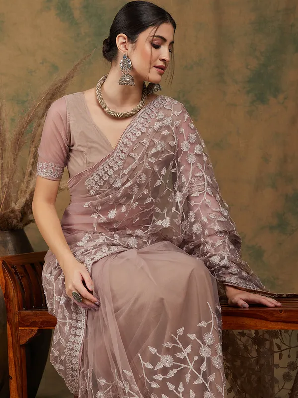 Beige_Supernet_Embroidered_Banarasi_Saree_With_Unstitched_Blouse_For_Women