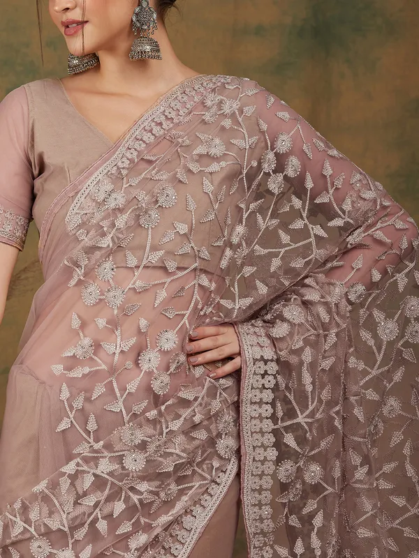 Beige_Supernet_Embroidered_Banarasi_Saree_With_Unstitched_Blouse_For_Women