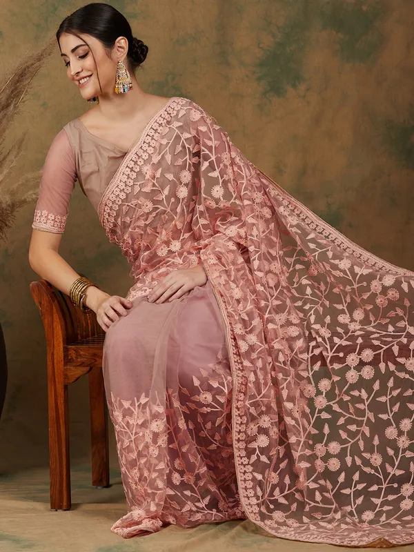 Brown_Supernet_Embroidered_Banarasi_Saree_With_Unstitched_Blouse_For_Women