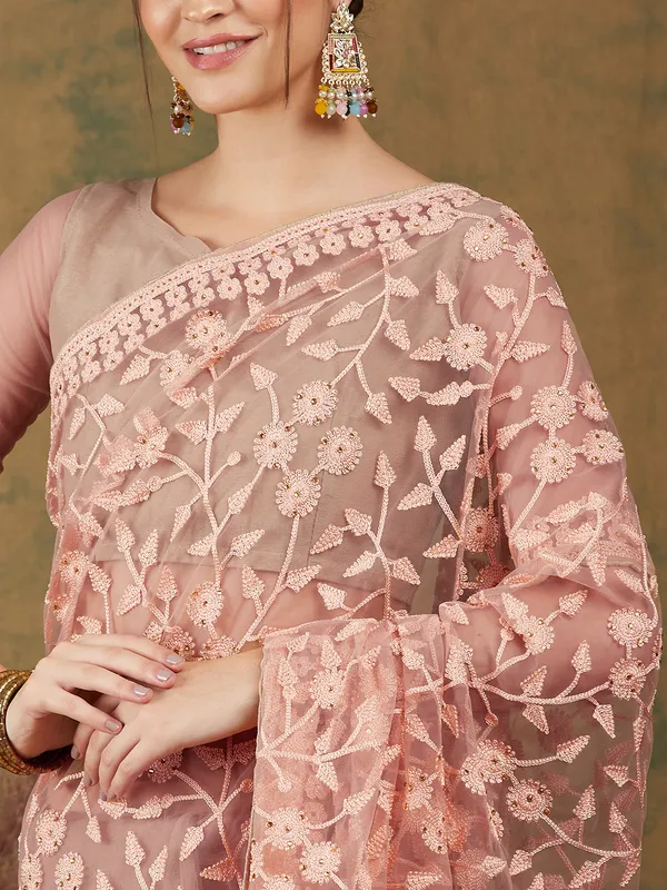 Brown_Supernet_Embroidered_Banarasi_Saree_With_Unstitched_Blouse_For_Women