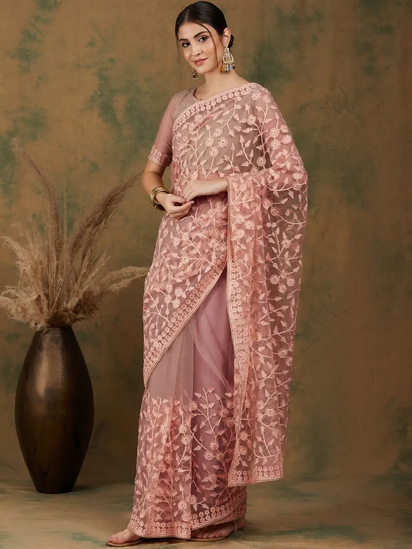 Brown_Supernet_Embroidered_Banarasi_Saree_With_Unstitched_Blouse_For_Women