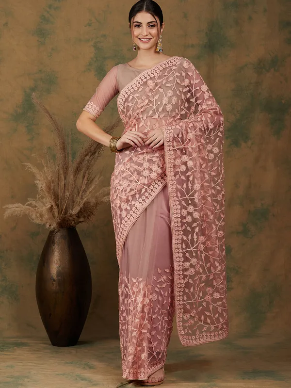 Brown_Supernet_Embroidered_Banarasi_Saree_With_Unstitched_Blouse_For_Women