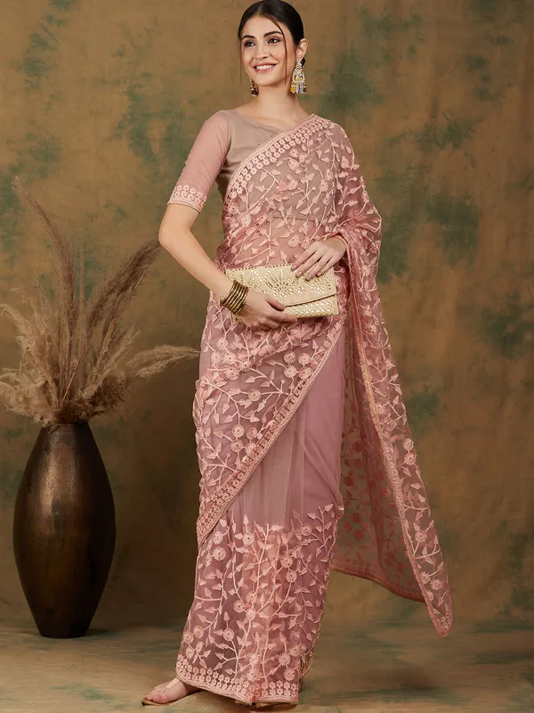 Brown_Supernet_Embroidered_Banarasi_Saree_With_Unstitched_Blouse_For_Women