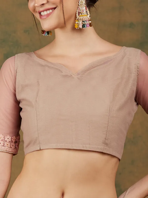 Brown_Supernet_Embroidered_Banarasi_Saree_With_Unstitched_Blouse_For_Women