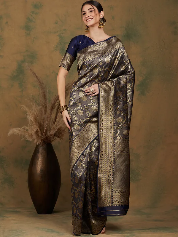 Dark_Blue_Art_Silk_Woven_Banarasi_Saree_With_Unstitched_Blouse_For_Women