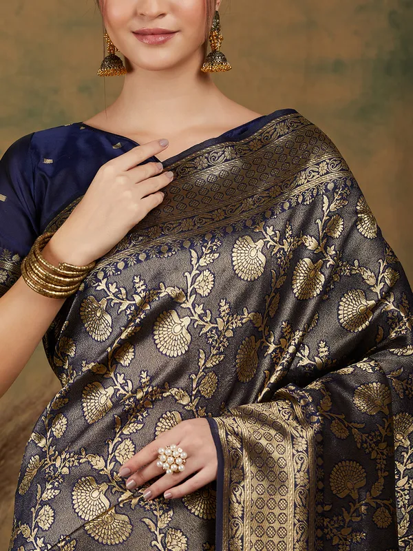 Dark_Blue_Art_Silk_Woven_Banarasi_Saree_With_Unstitched_Blouse_For_Women