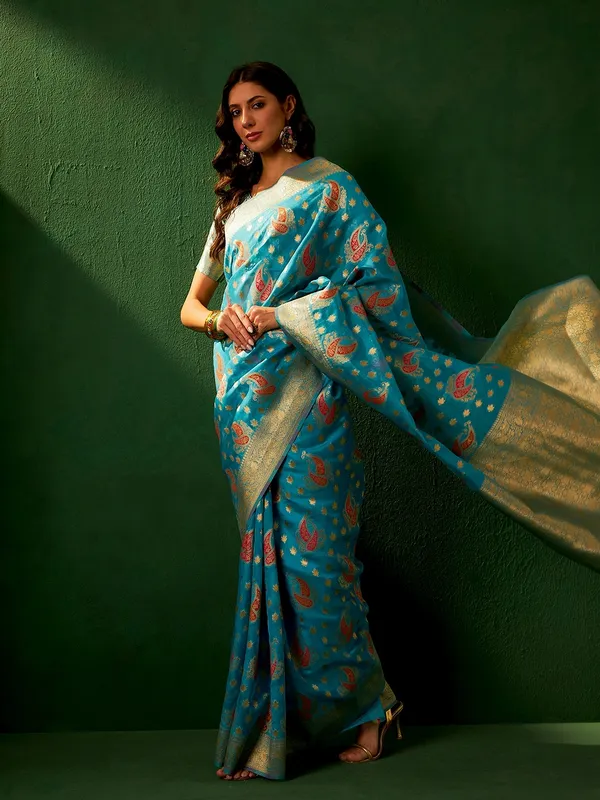 Blue_Organza_Paisley_Banarasi_Saree_With_Unstitched_Blouse_For_Women