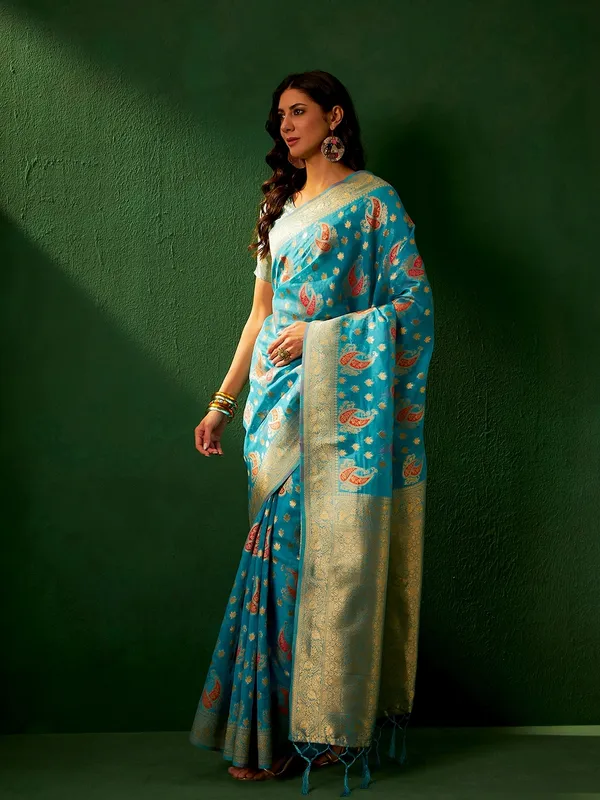 Blue_Organza_Paisley_Banarasi_Saree_With_Unstitched_Blouse_For_Women