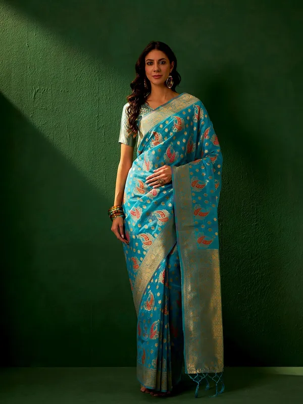 Blue_Organza_Paisley_Banarasi_Saree_With_Unstitched_Blouse_For_Women