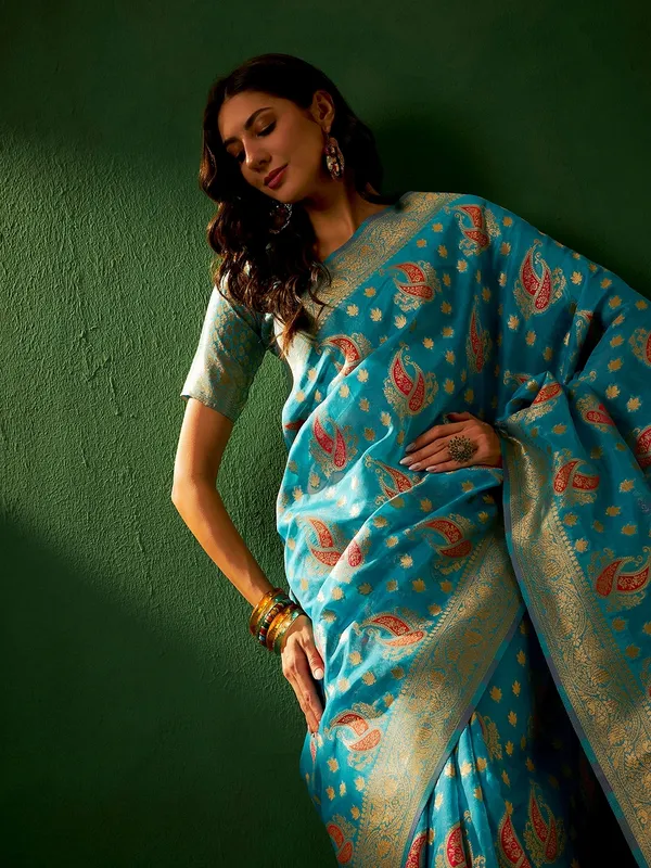 Blue_Organza_Paisley_Banarasi_Saree_With_Unstitched_Blouse_For_Women