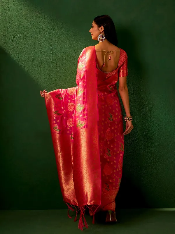 Pink_Organza_Woven_Banarasi_Saree_With_Unstitched_Blouse_For_Women