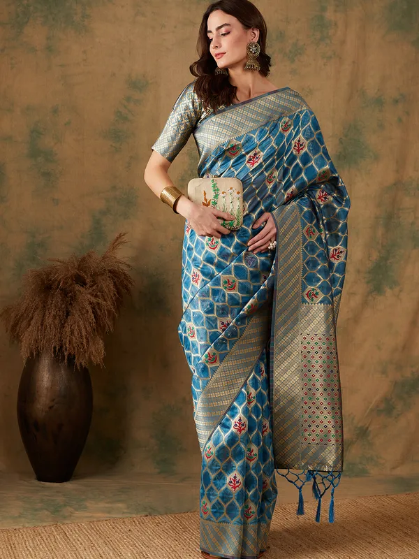 Blue_Organza_Woven_Banarasi_Saree_With_Unstitched_Blouse_For_Women