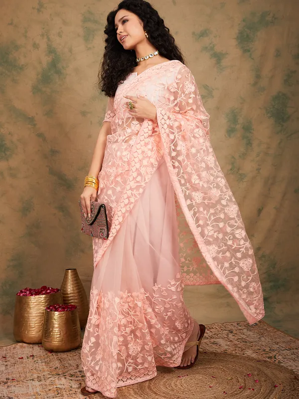 Brown_Supernet_Embroidered_Banarasi_Saree_With_Unstitched_Blouse_For_Women