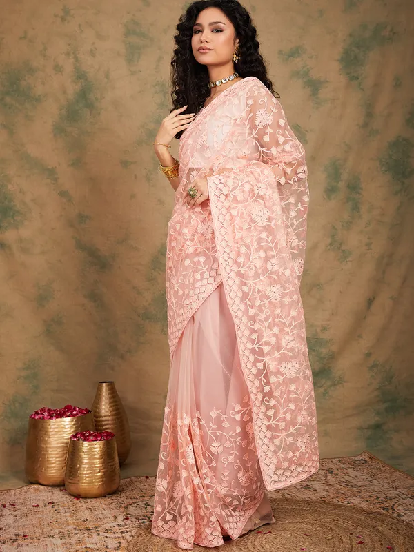 Brown_Supernet_Embroidered_Banarasi_Saree_With_Unstitched_Blouse_For_Women