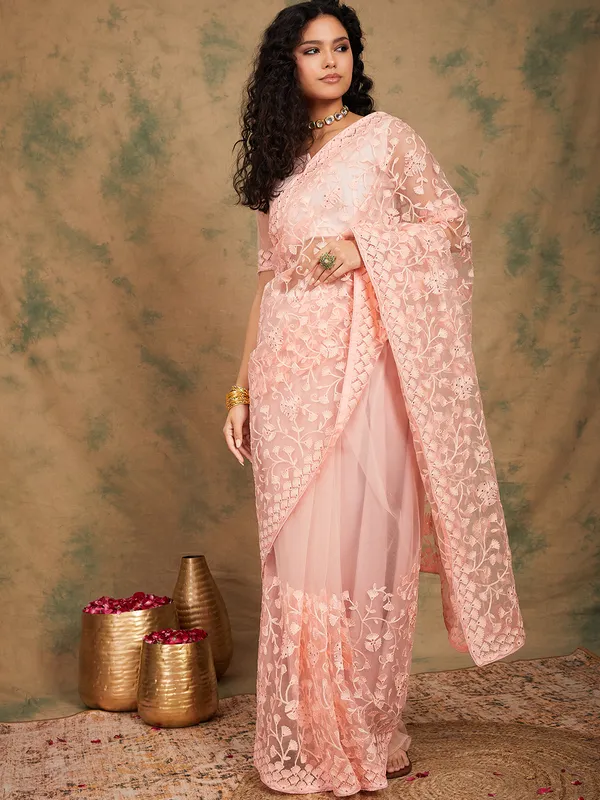 Brown_Supernet_Embroidered_Banarasi_Saree_With_Unstitched_Blouse_For_Women
