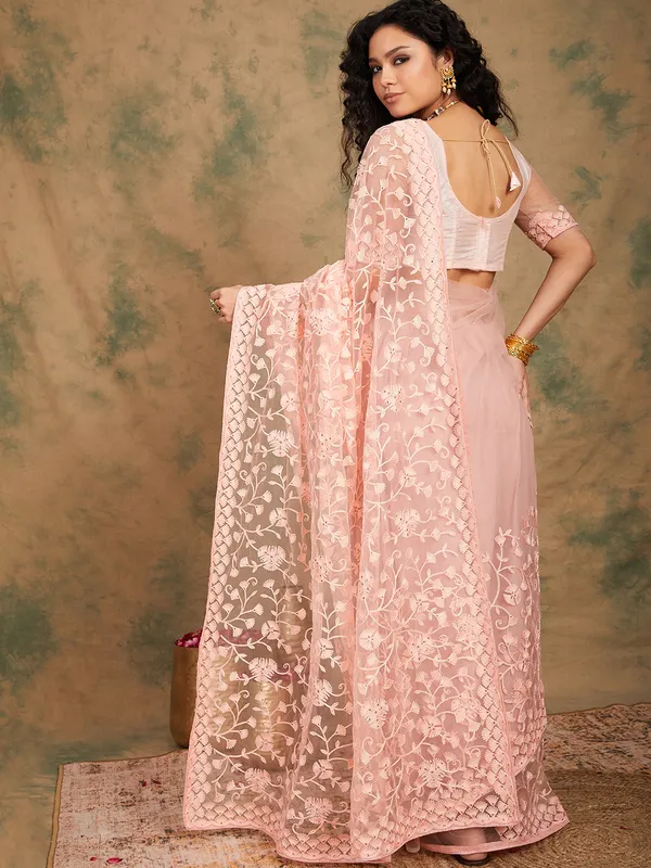 Brown_Supernet_Embroidered_Banarasi_Saree_With_Unstitched_Blouse_For_Women