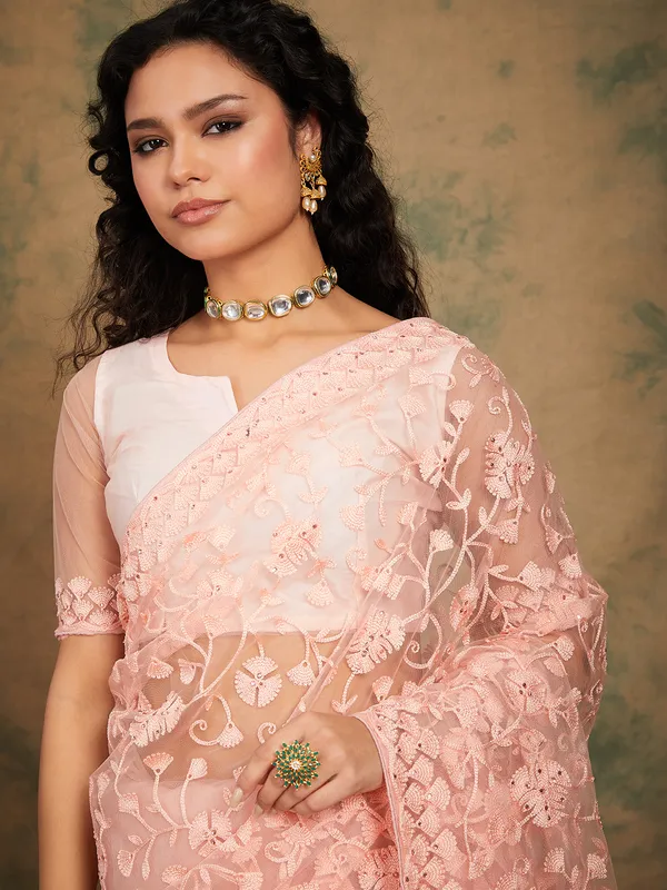 Brown_Supernet_Embroidered_Banarasi_Saree_With_Unstitched_Blouse_For_Women
