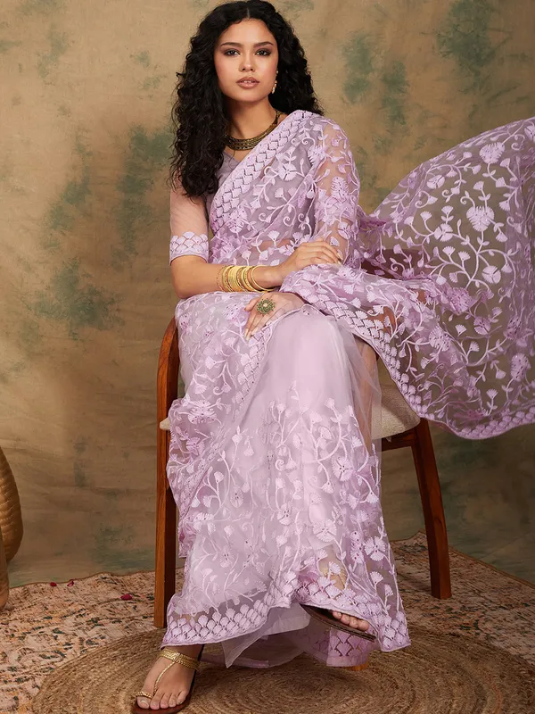Purple_Supernet_Embroidered_Banarasi_Saree_With_Unstitched_Blouse_For_Women
