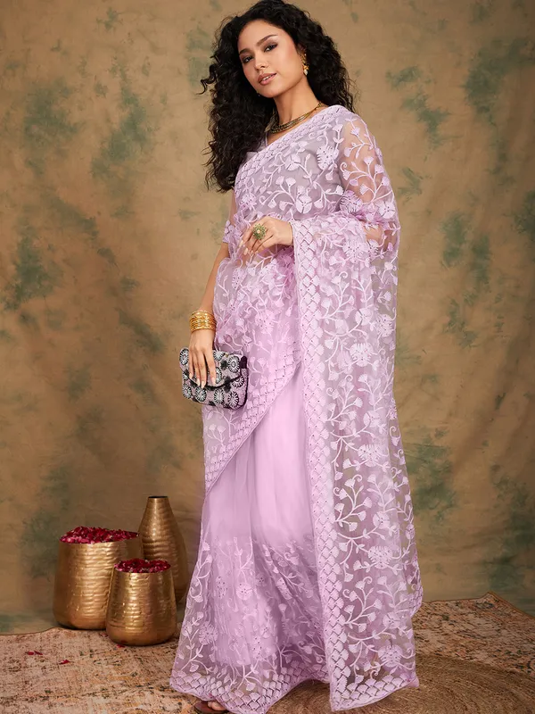 Purple_Supernet_Embroidered_Banarasi_Saree_With_Unstitched_Blouse_For_Women