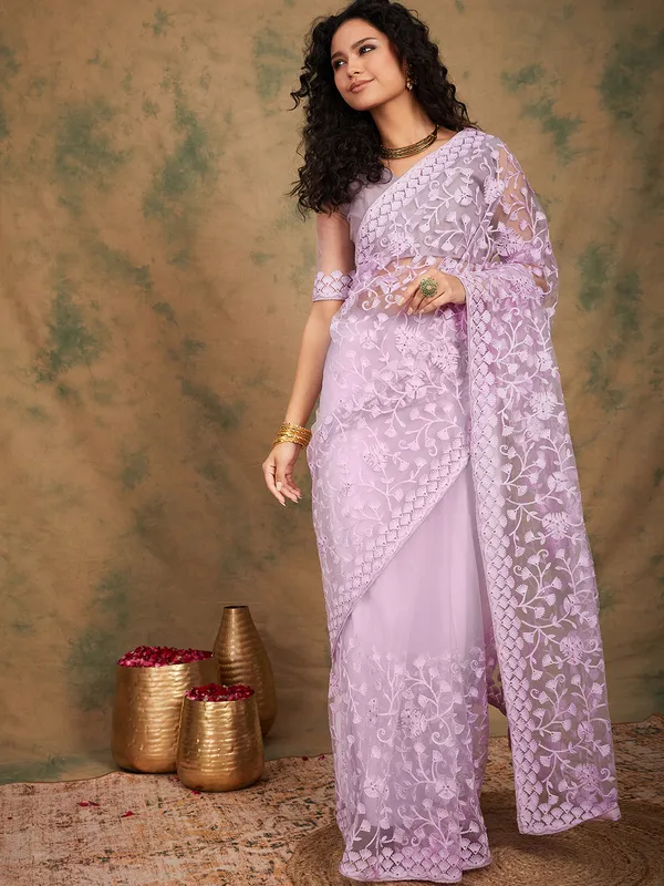 Purple_Supernet_Embroidered_Banarasi_Saree_With_Unstitched_Blouse_For_Women