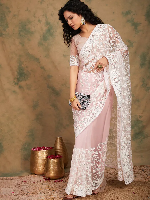 Pink_Supernet_Embroidered_Banarasi_Saree_With_Unstitched_Blouse_For_Women