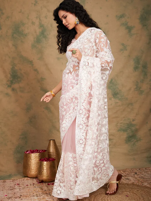 Pink_Supernet_Embroidered_Banarasi_Saree_With_Unstitched_Blouse_For_Women