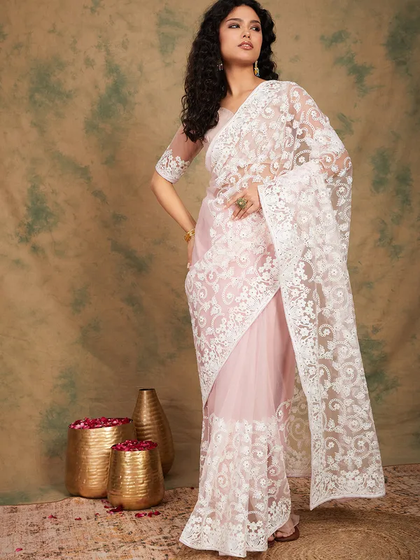 Pink_Supernet_Embroidered_Banarasi_Saree_With_Unstitched_Blouse_For_Women