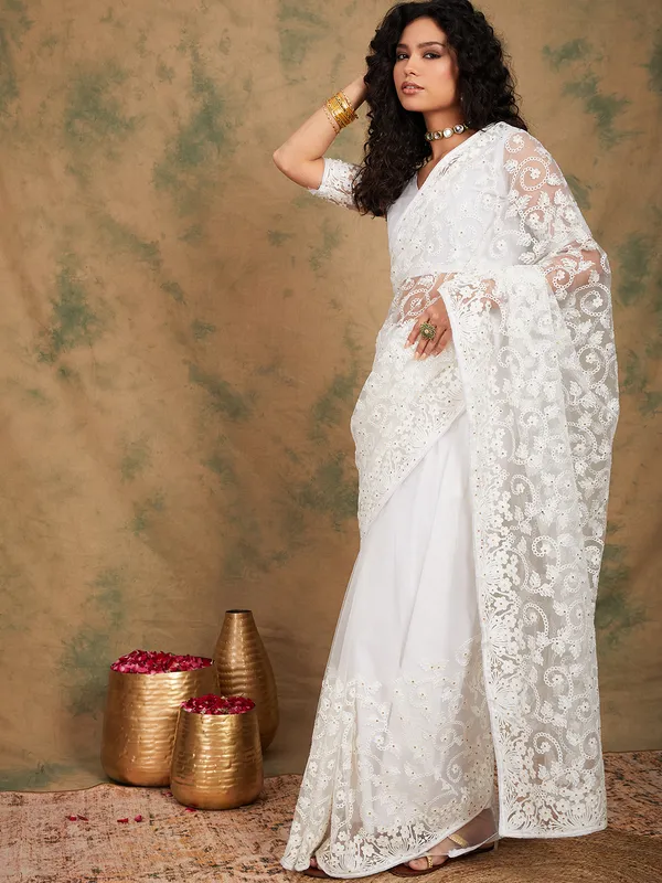 White_Supernet_Embroidered_Banarasi_Saree_With_Unstitched_Blouse_For_Women
