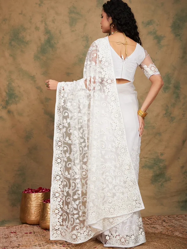 White_Supernet_Embroidered_Banarasi_Saree_With_Unstitched_Blouse_For_Women
