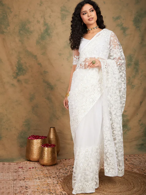 White_Supernet_Embroidered_Banarasi_Saree_With_Unstitched_Blouse_For_Women