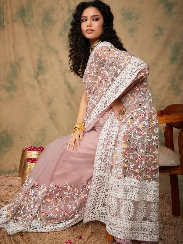 Purple_Supernet_Embroidered_Banarasi_Saree_With_Unstitched_Blouse_For_Women