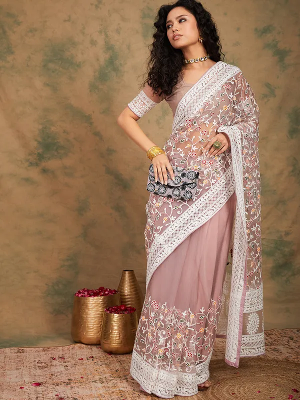 Purple_Supernet_Embroidered_Banarasi_Saree_With_Unstitched_Blouse_For_Women