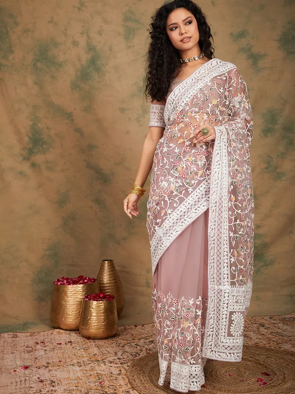 Purple_Supernet_Embroidered_Banarasi_Saree_With_Unstitched_Blouse_For_Women