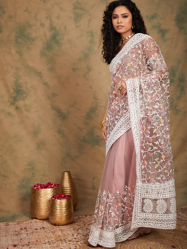 Purple_Supernet_Embroidered_Banarasi_Saree_With_Unstitched_Blouse_For_Women